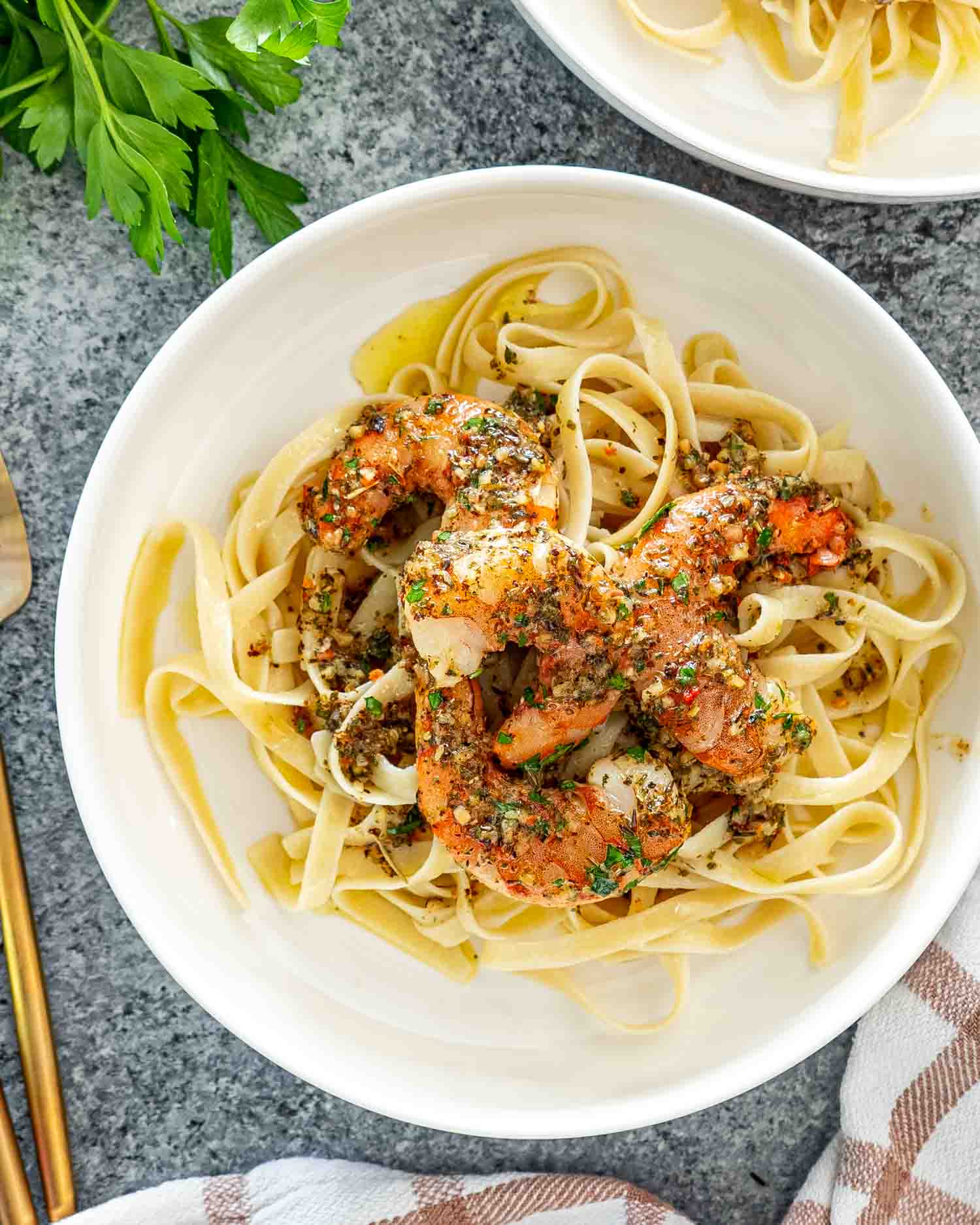 a bowl of pasta with fresh italian shrimp bake.