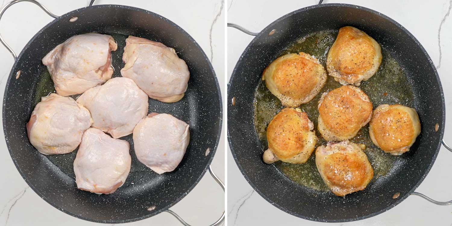 process shots showing how to make one pot spanish chicken and rice.