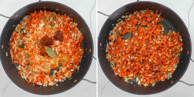 process shots showing how to make one pot spanish chicken and rice.