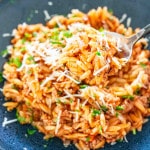 a serving of pork ragu orzo in a blue plate.