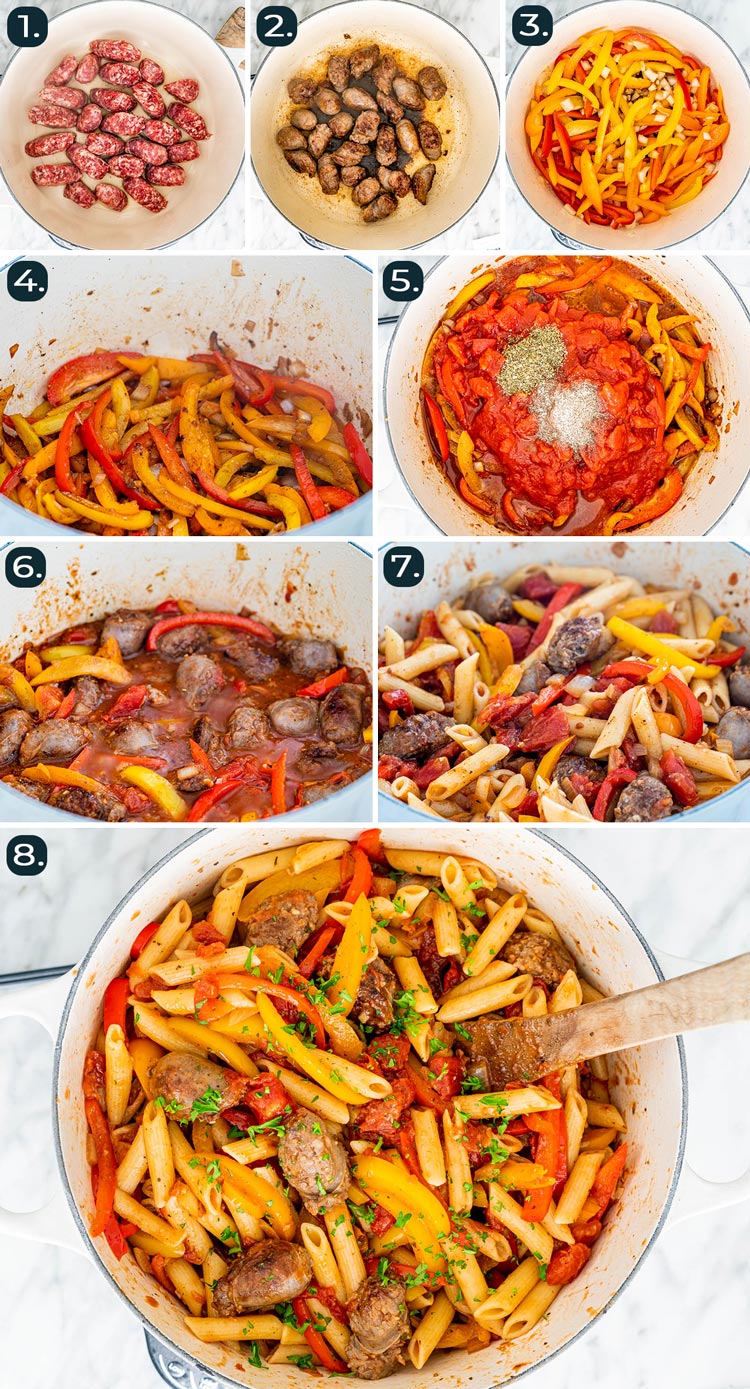 process shots showing how to make Sausage Pepper Pasta