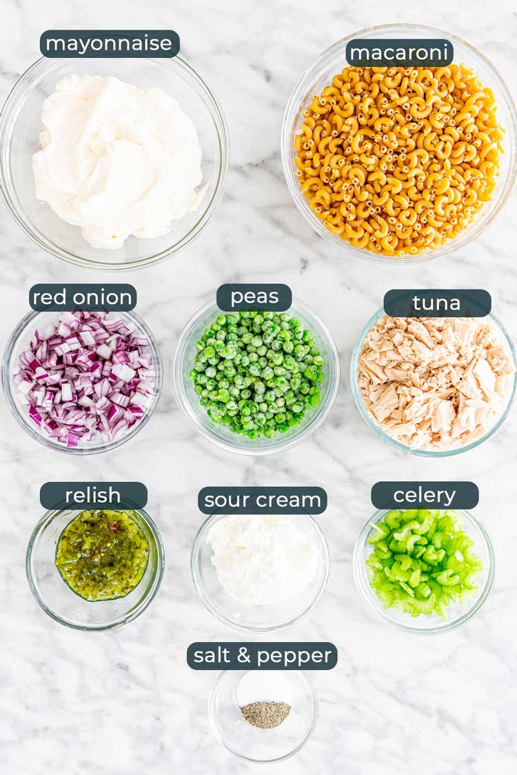 overhead shot of all ingredients needed to make tuna macaroni salad