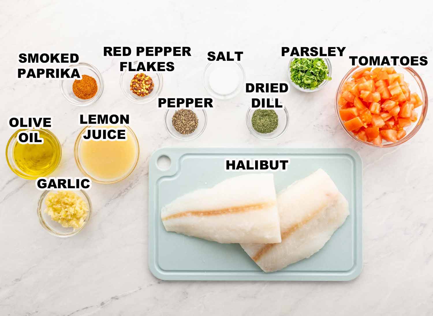 ingredients needed to make baked lemon garlic halibut.