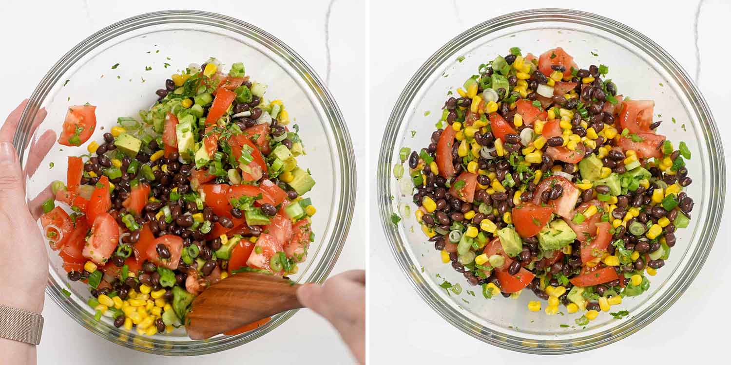 process shots showing how to make black bean corn avocado salad.