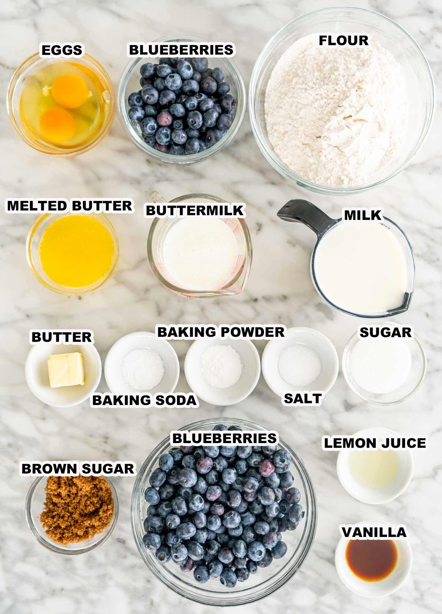 ingredients needed to make blueberry buttermilk pancakes.