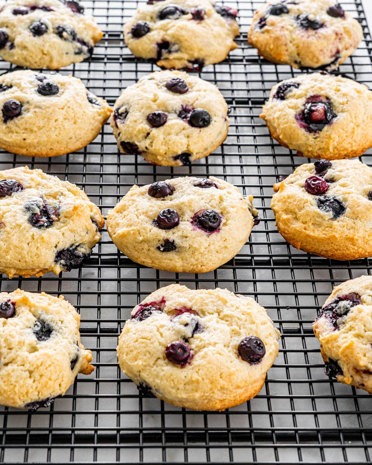 blueberry cookies on a cooling rack