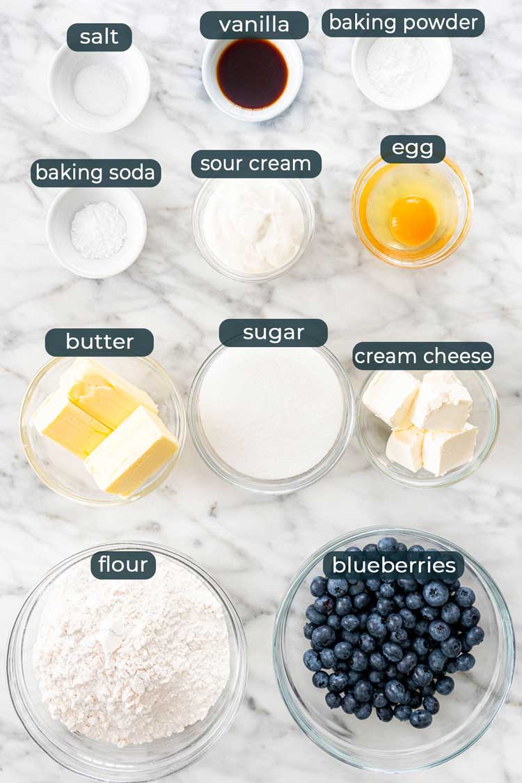 overhead shot of all ingredients needed to make Blueberry Cheesecake Cookies