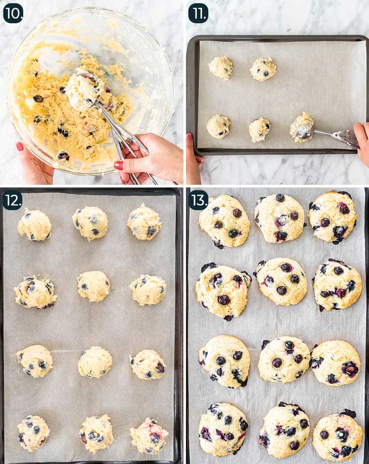 process pictures showing how to scoop cookie batter onto baking sheet and baking them