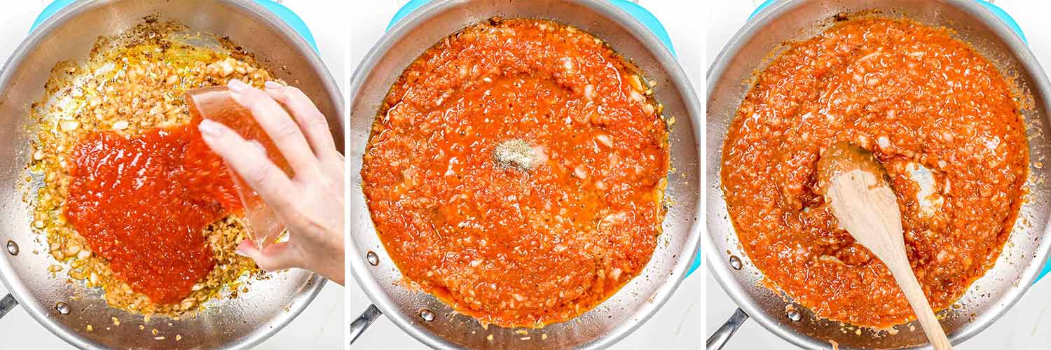 process shots showing how to start making tomato alfredo sauce.