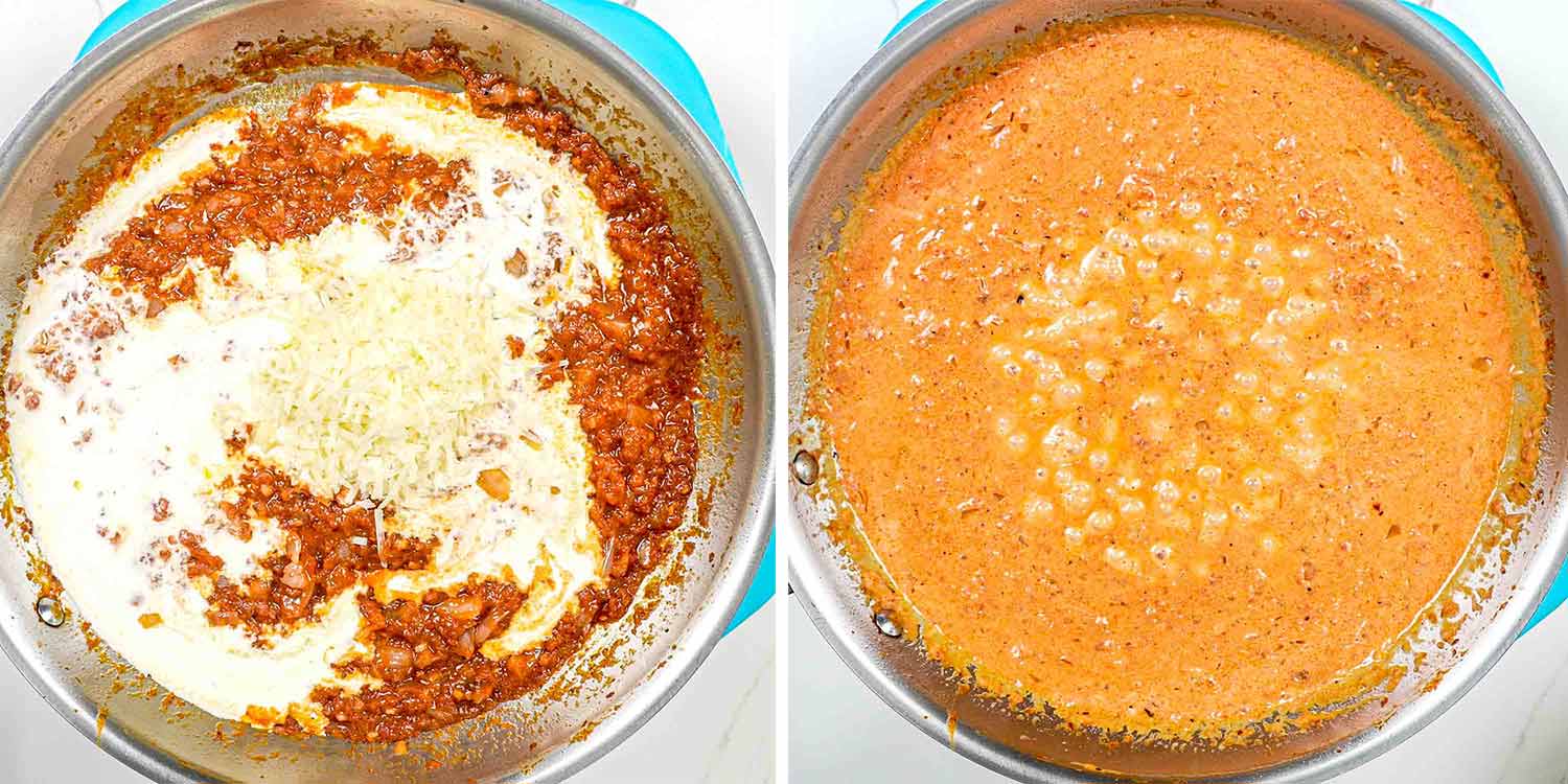 process shots showing how to finish making tomato alfredo sauce.