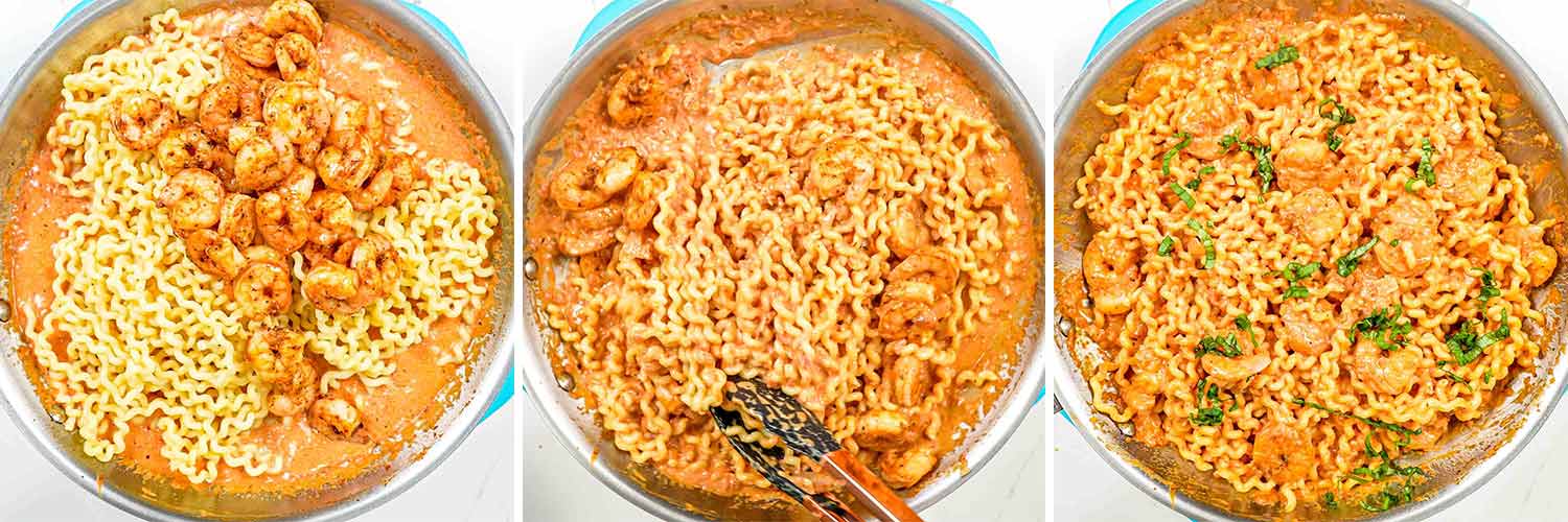 process shots showing how to finish making cajun shrimp with tomato alfredo pasta.