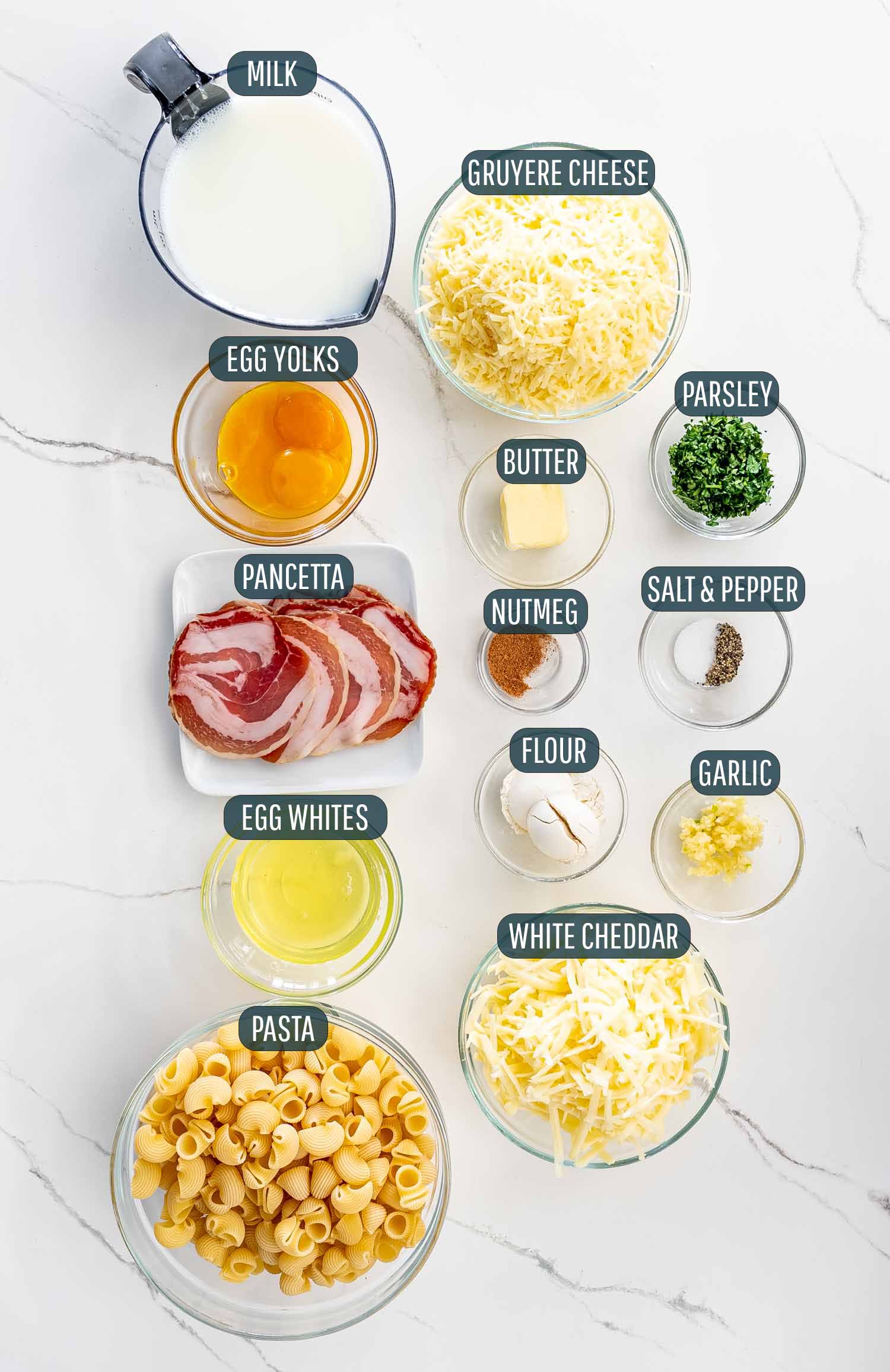 ingredients needed to make carbonara mac and cheese souffle.