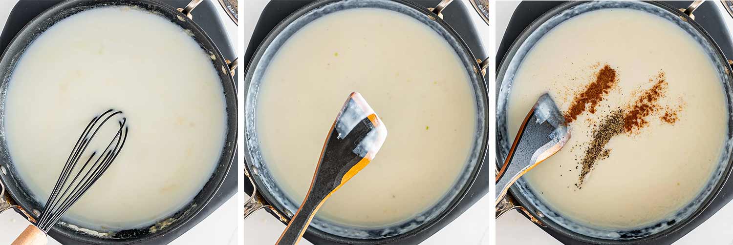 process shots showing how to make carbonara mac and cheese souffle.