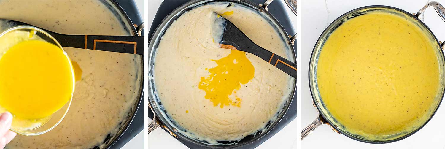 process shots showing how to make carbonara mac and cheese souffle.