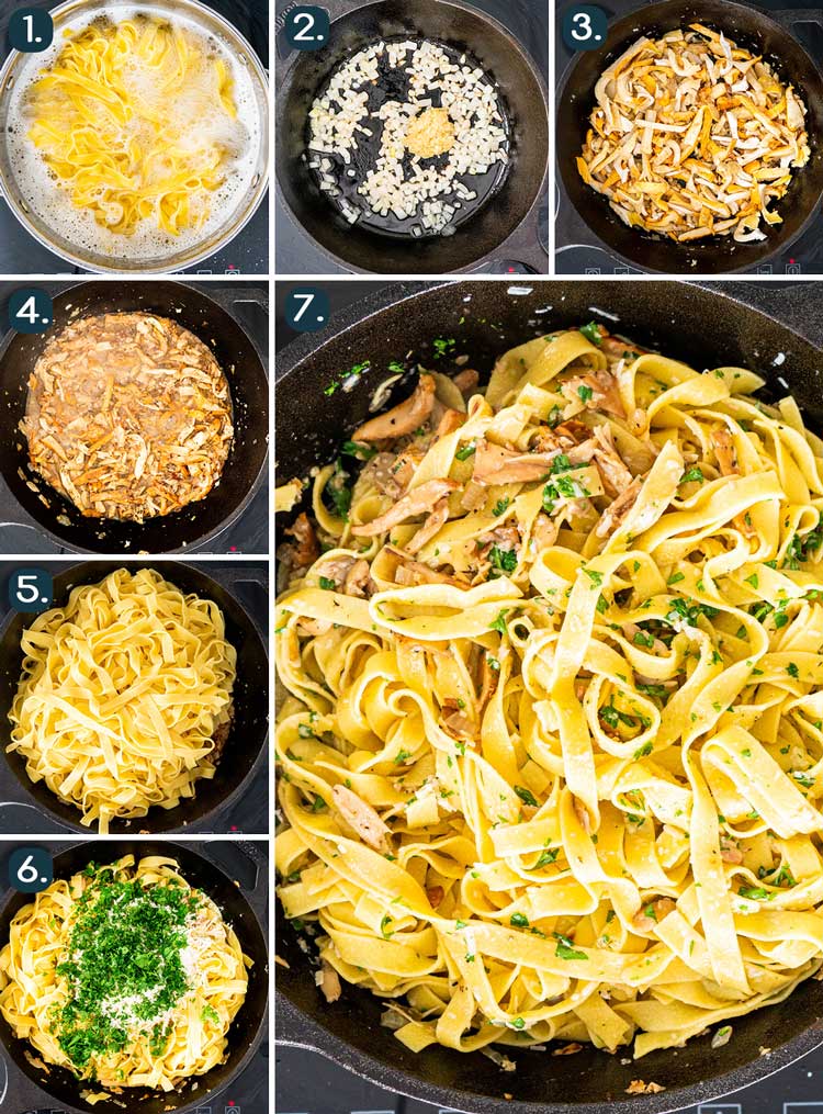 process shots showing how to make Chanterelle Mushrooms with Tagliatelle