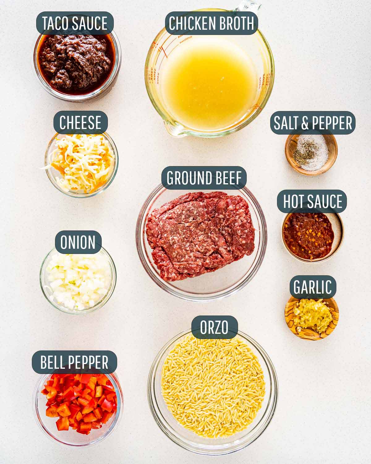overhead shot of ingredients needed to make cheesy taco orzo.