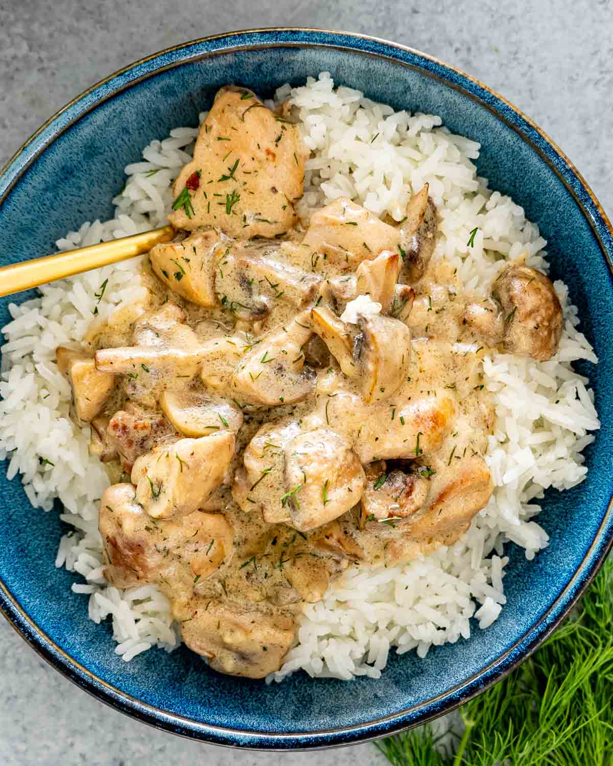 chicken and mushroom in creamy dill sauce over a bed of rice in a blue bowl.