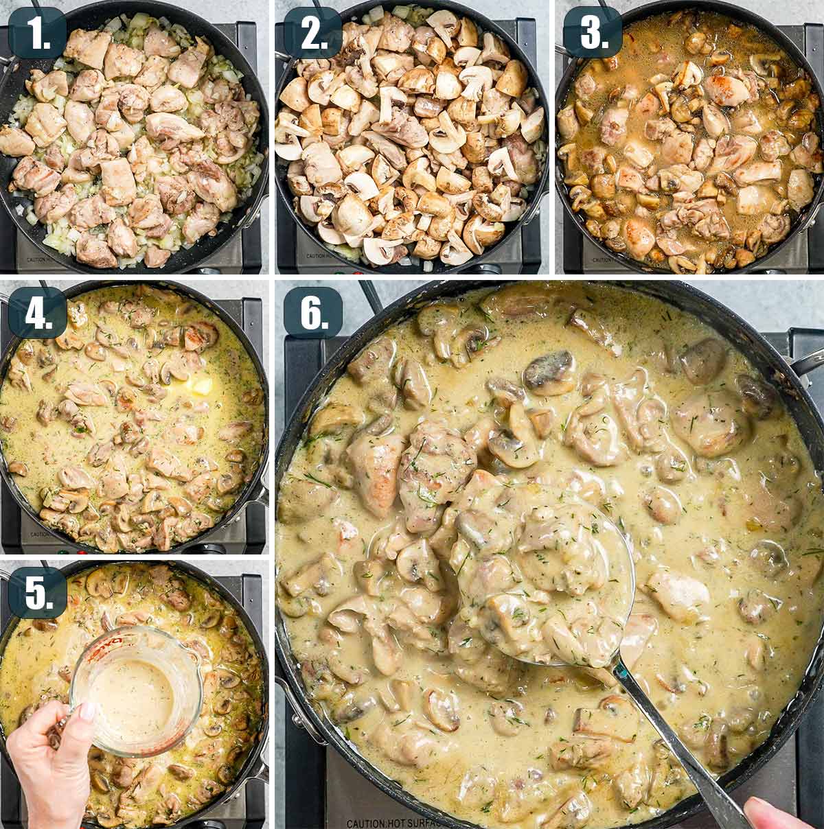 detailed process shots showing how to make chicken and mushrooms in creamy dill sauce.
