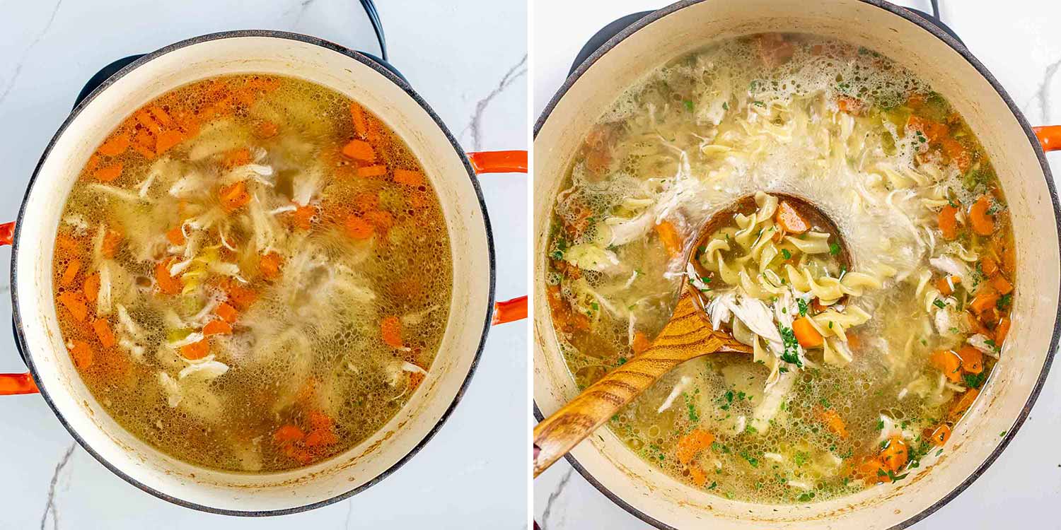 process shots showing how to make chicken noodle soup.