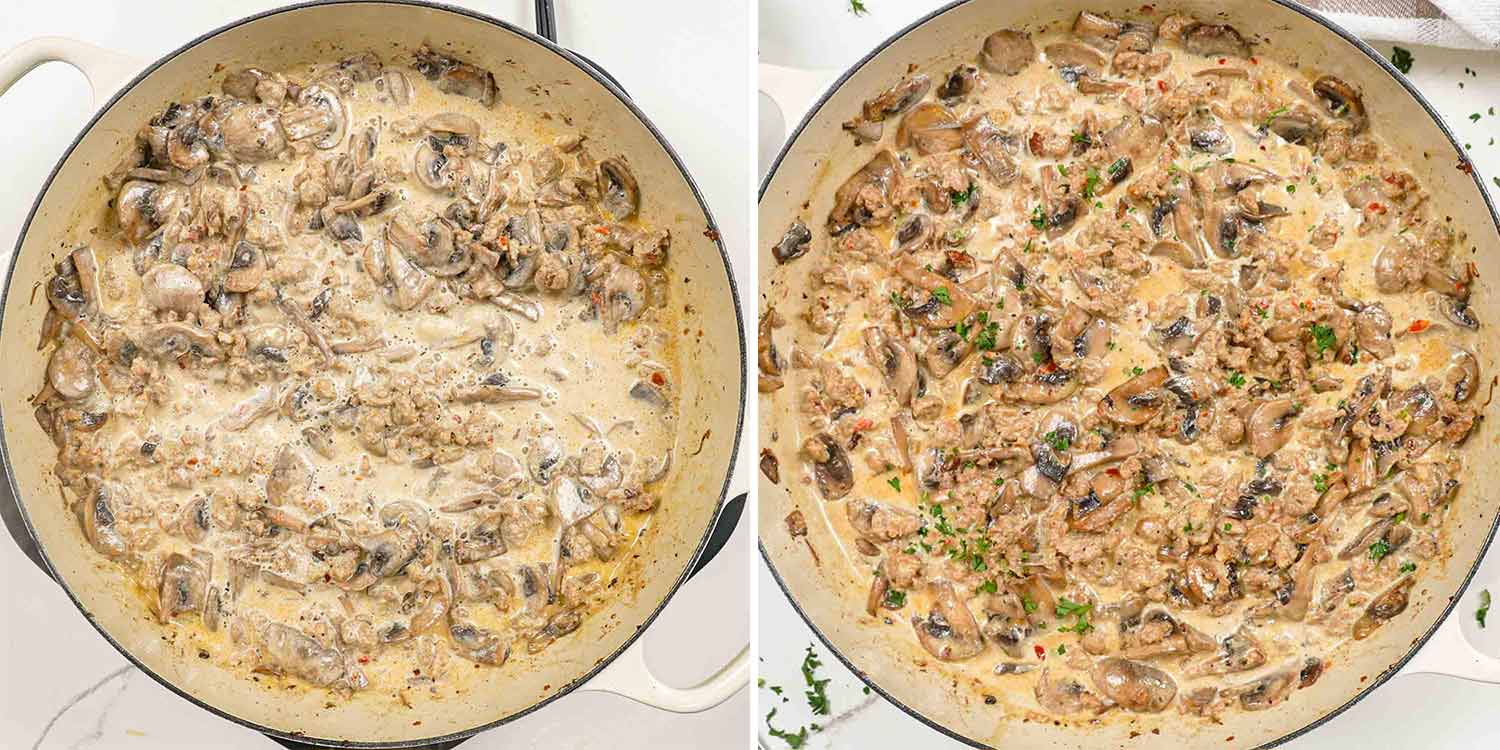 process shots showing how to make creamy sausage mushroom pasta.