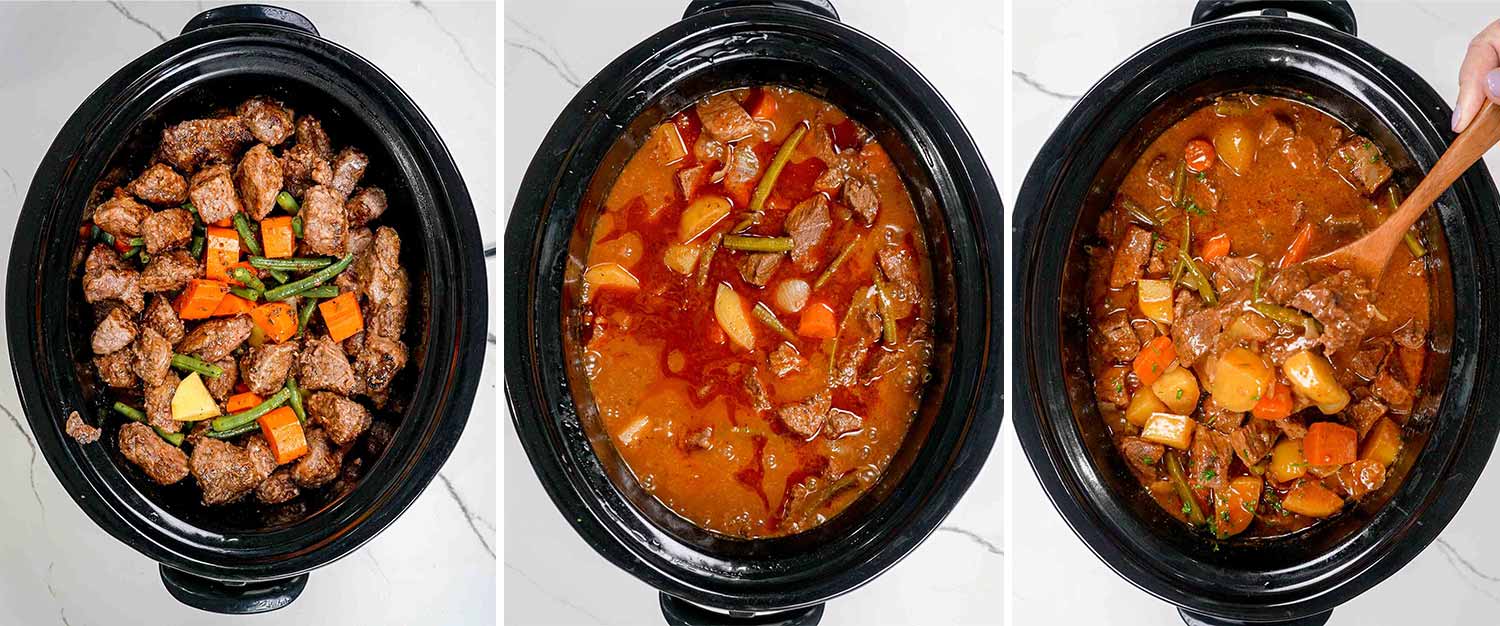 process shots showing how to make crockpot beef stew.