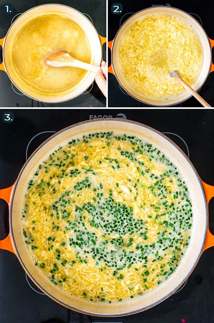 process shots showing how to make egg drop soup