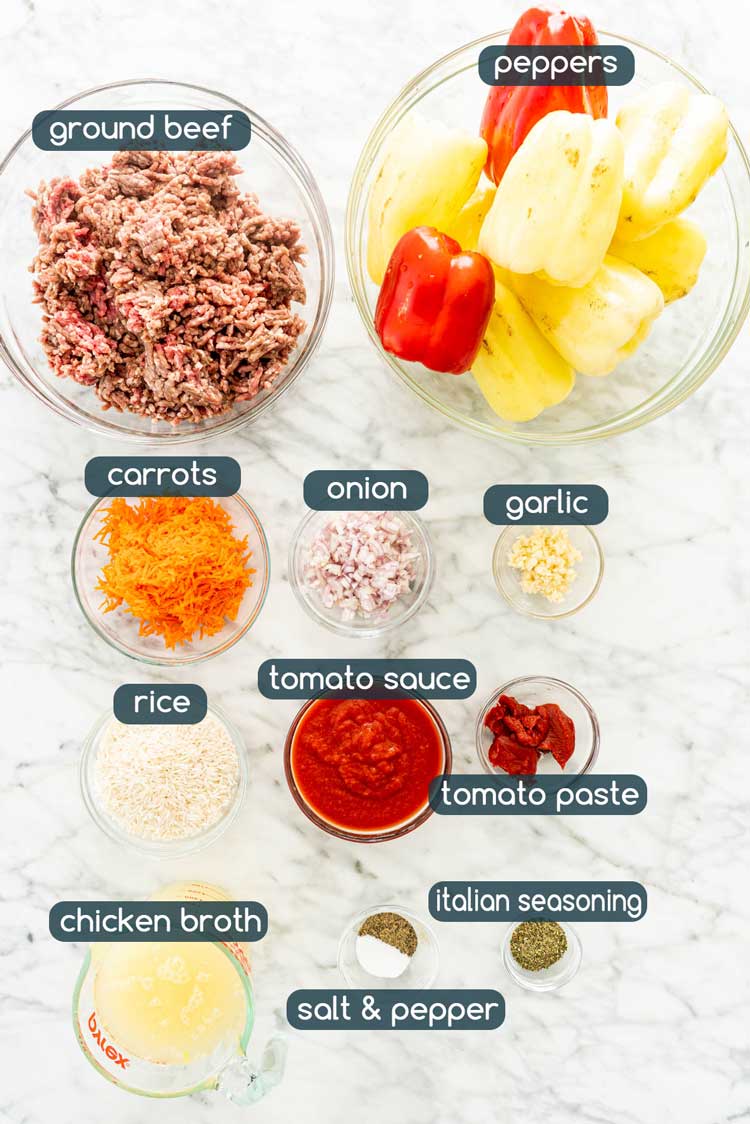 overhead shot of all the ingredients needed to make stuffed peppers