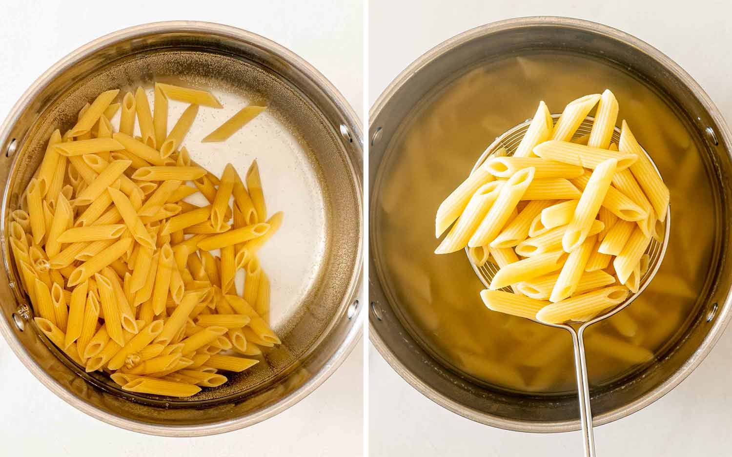 Two process photos showing penne cooking in a stainless steel pot and cooked pasta lifted with a wire strainer.