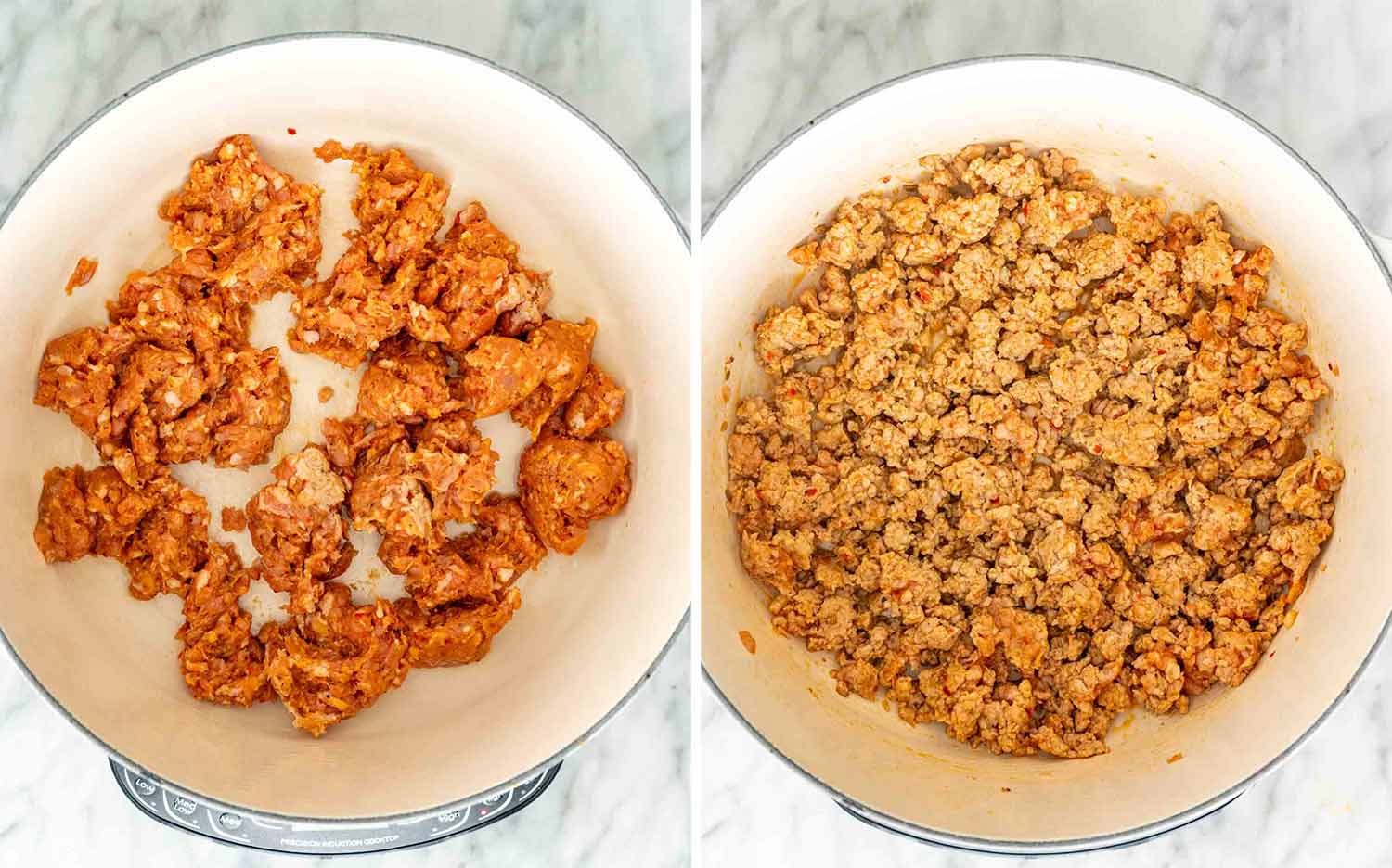shots-2.jpg Two process photos showing raw Italian sausage in a white Dutch oven, then cooked and broken into browned crumbles.