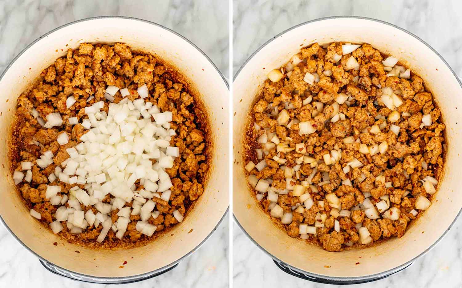 Two process photos showing chopped onion added to browned sausage, then stirred together in a white Dutch oven.