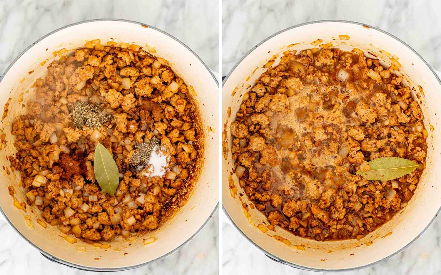 Two process photos showing spices and a bay leaf added to browned sausage, followed by wine bubbling in the pot.