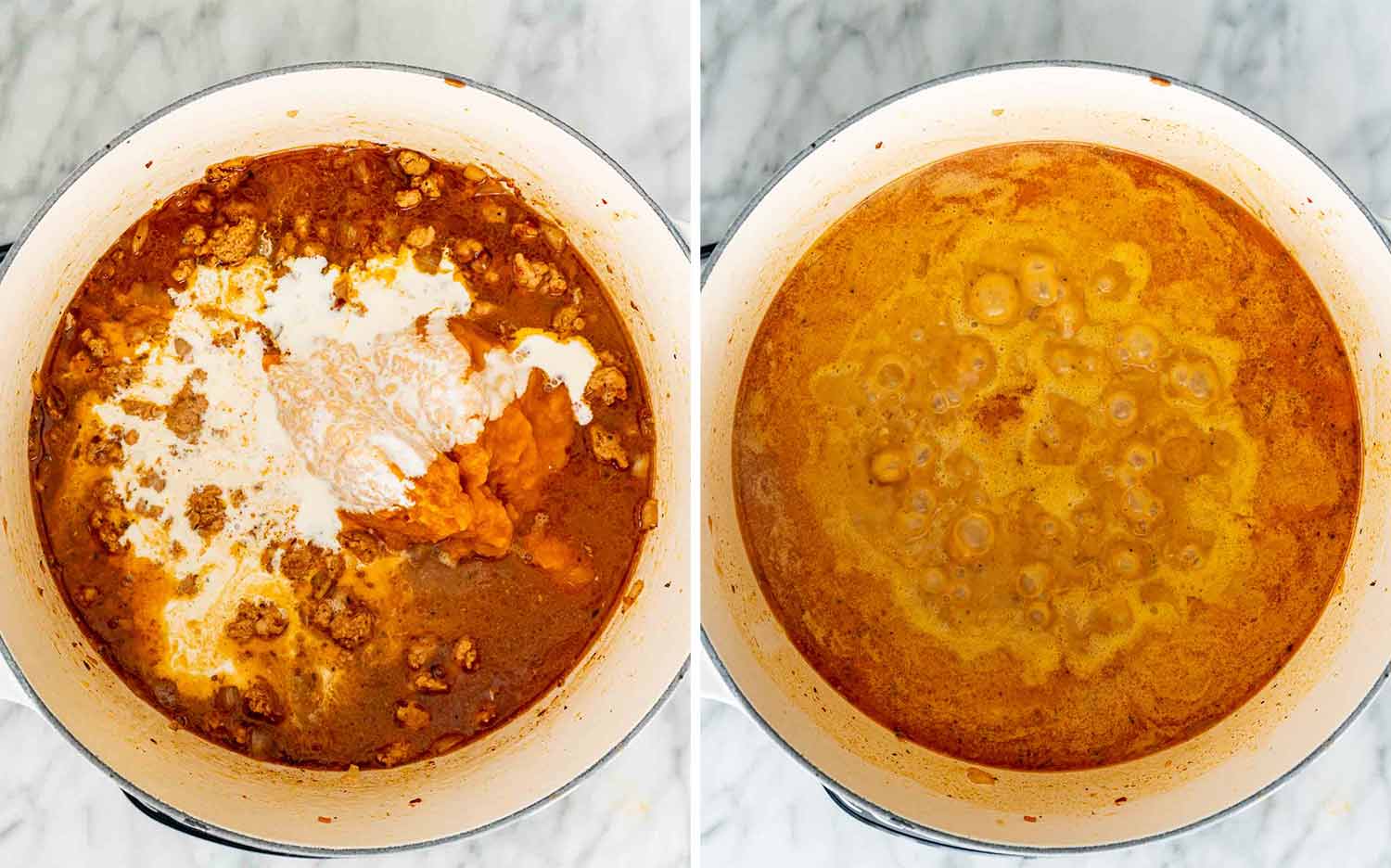 Two process photos showing pumpkin puree and cream added to sausage, followed by the smooth orange sauce simmering.