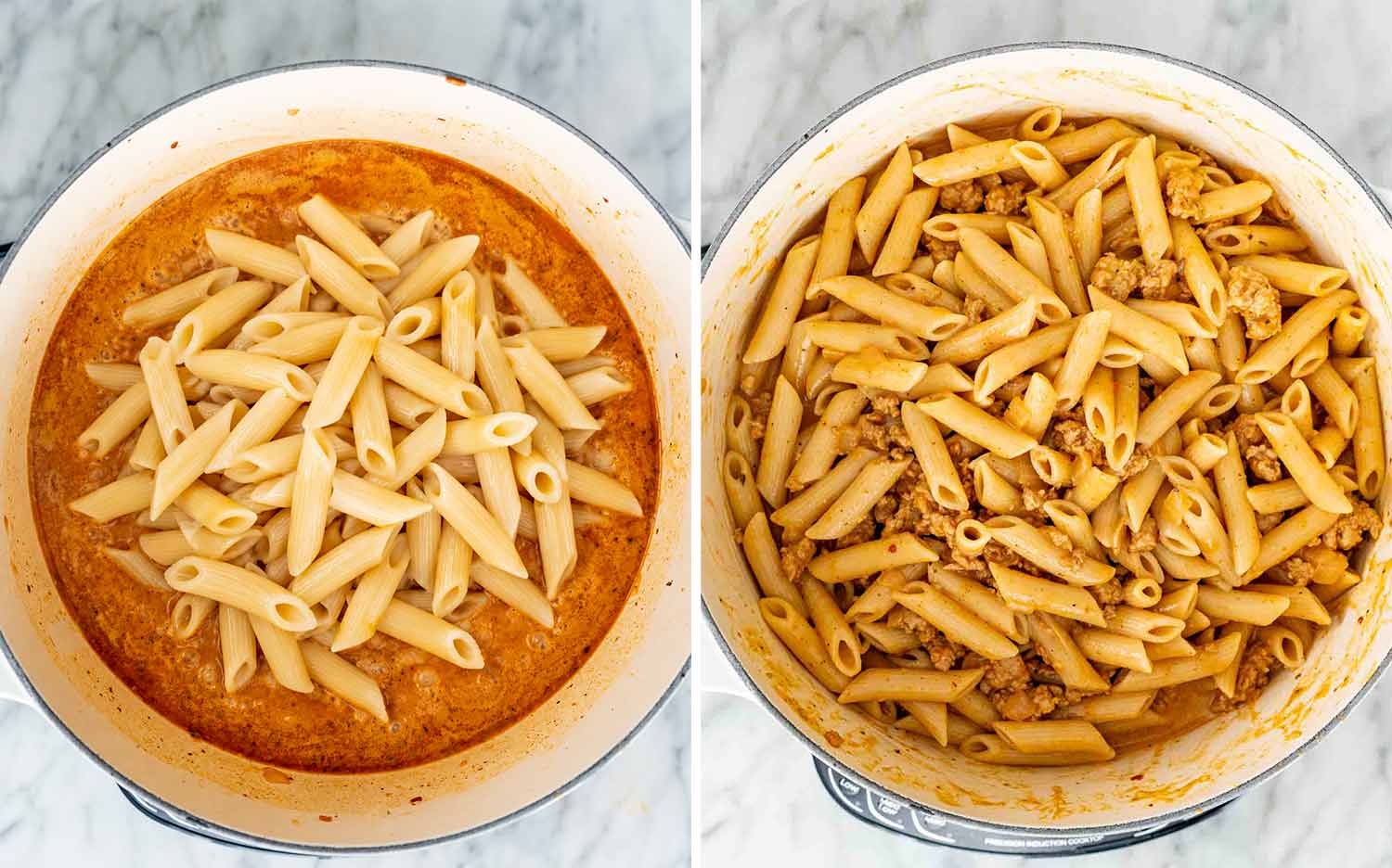 Two process photos showing cooked penne resting on pumpkin sausage sauce, then mixed until the pasta is evenly coated.