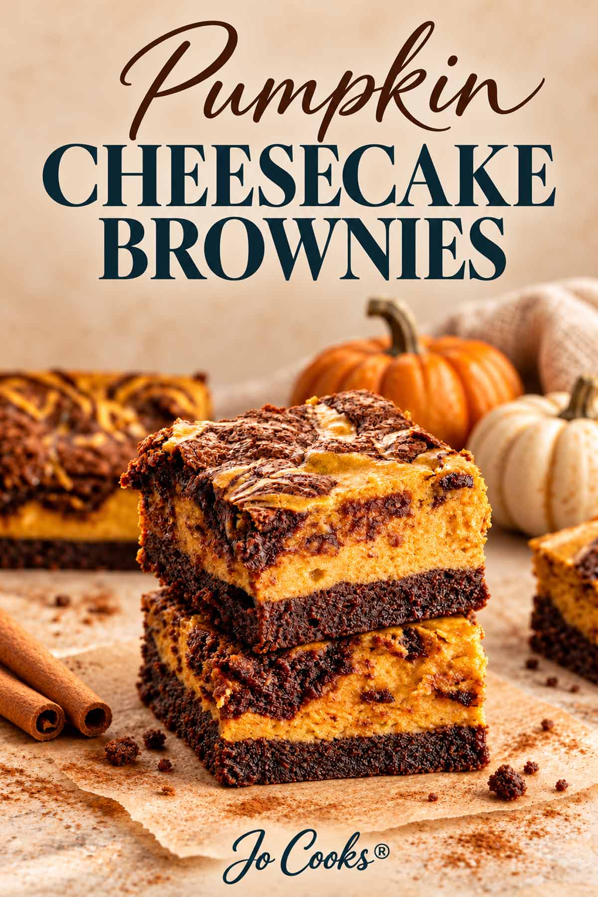 Stacked pumpkin cheesecake brownies surrounded by pumpkins and cinnamon sticks, with recipe title above and Jo Cooks® logo below.