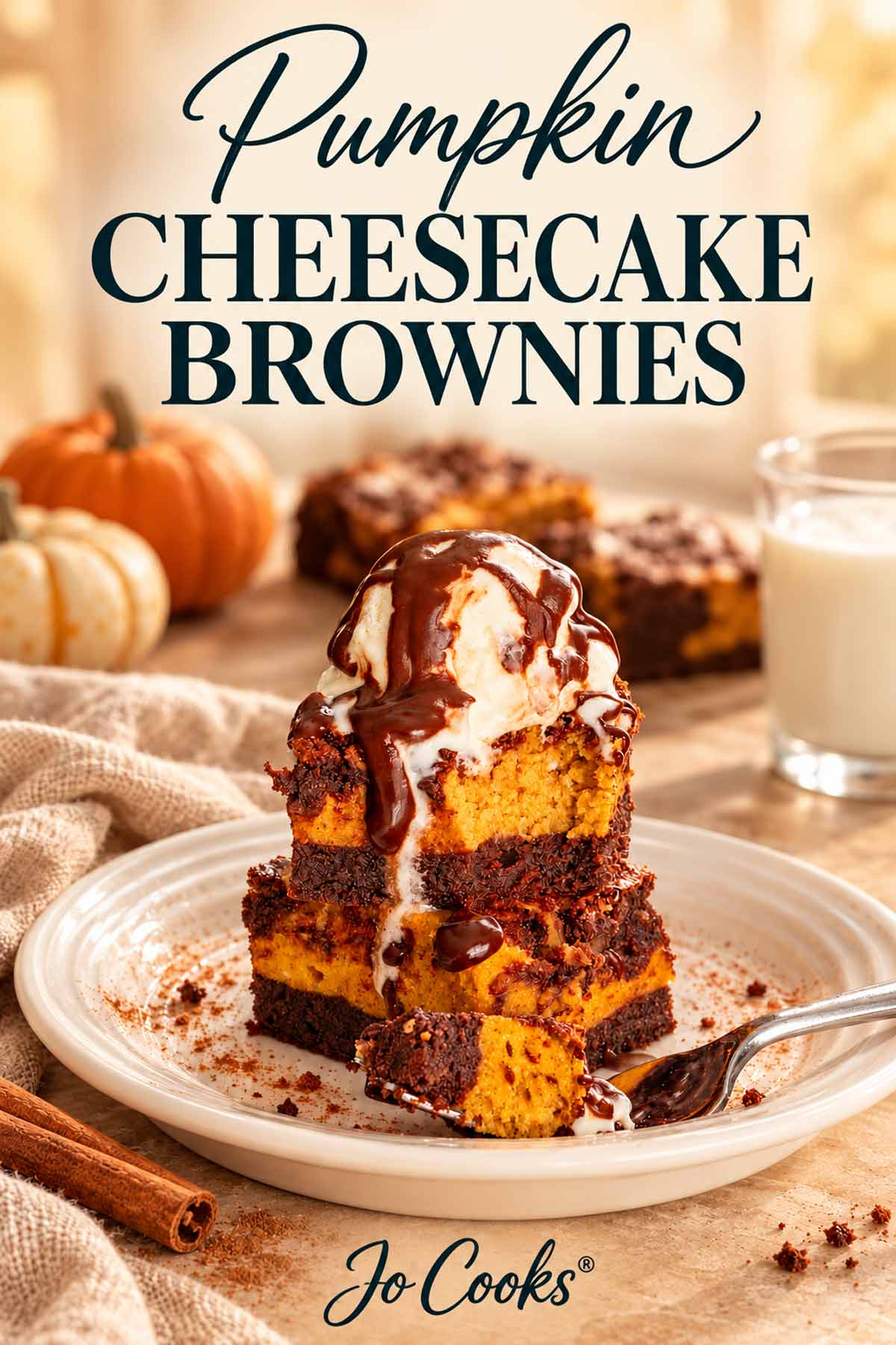 Pumpkin cheesecake brownies topped with vanilla ice cream and chocolate sauce, with recipe title above and Jo Cooks® logo below.