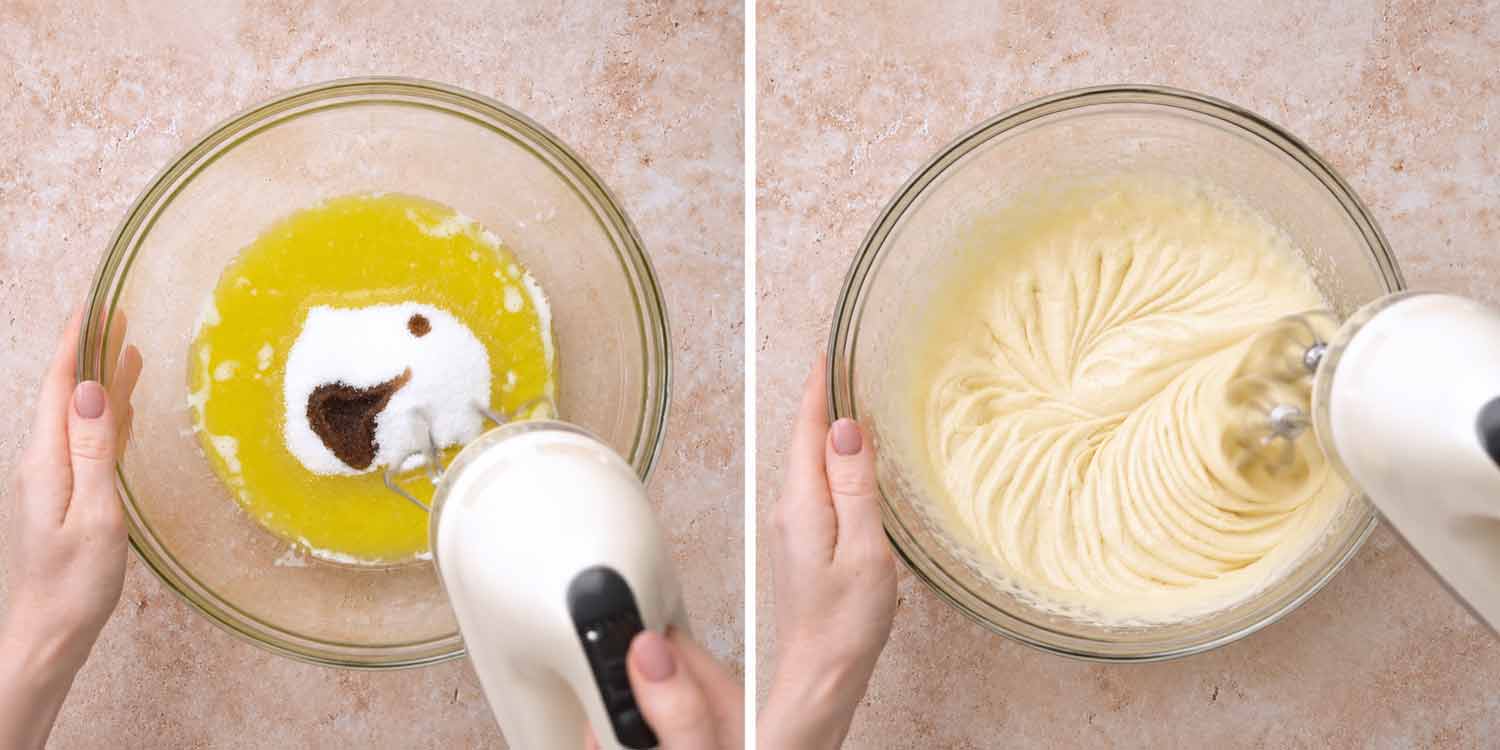 Two photos showing melted butter, sugar, and vanilla before mixing, followed by pale fluffy brownie batter beaten with a mixer.