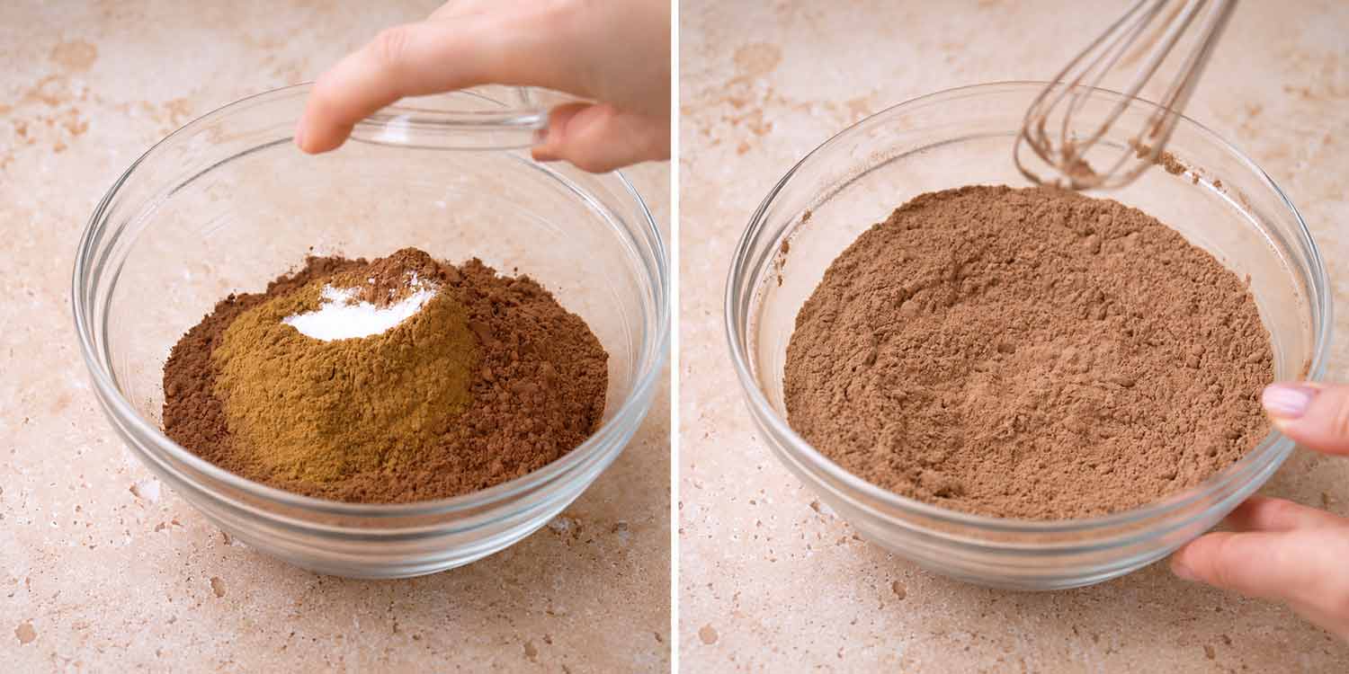 Two photos showing cocoa powder, flour, salt, and cinnamon in a glass bowl, then whisked together for brownie batter.