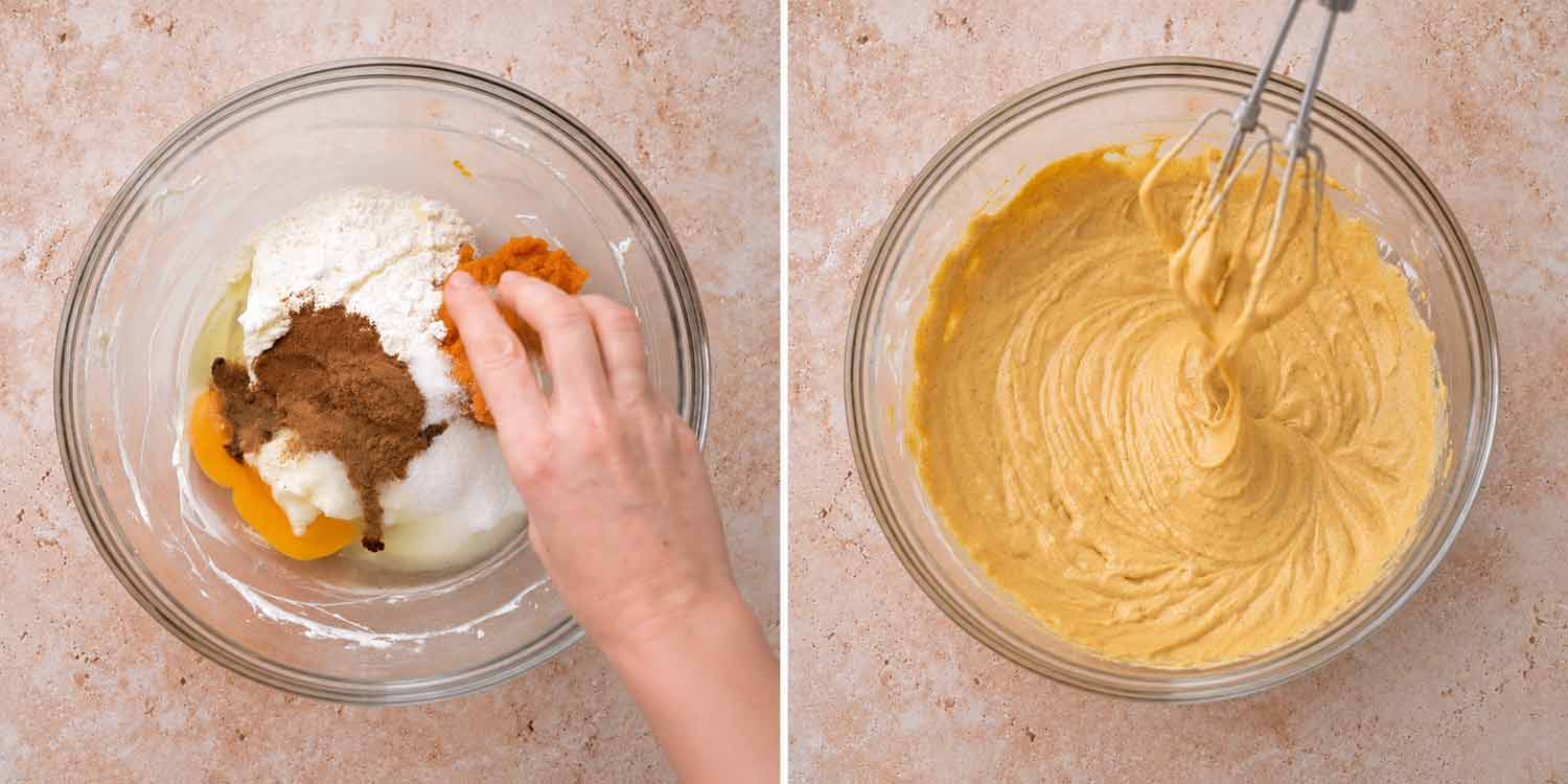 Two photos showing pumpkin cheesecake ingredients combined in a glass bowl, then beaten into smooth golden batter with a mixer.