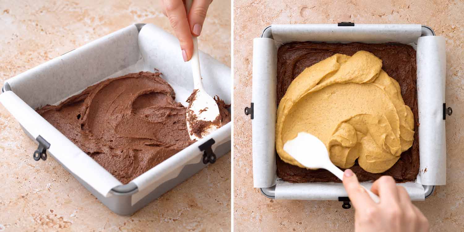 Two photos showing chocolate brownie batter spread in a lined pan, followed by pumpkin cheesecake batter spooned over it.