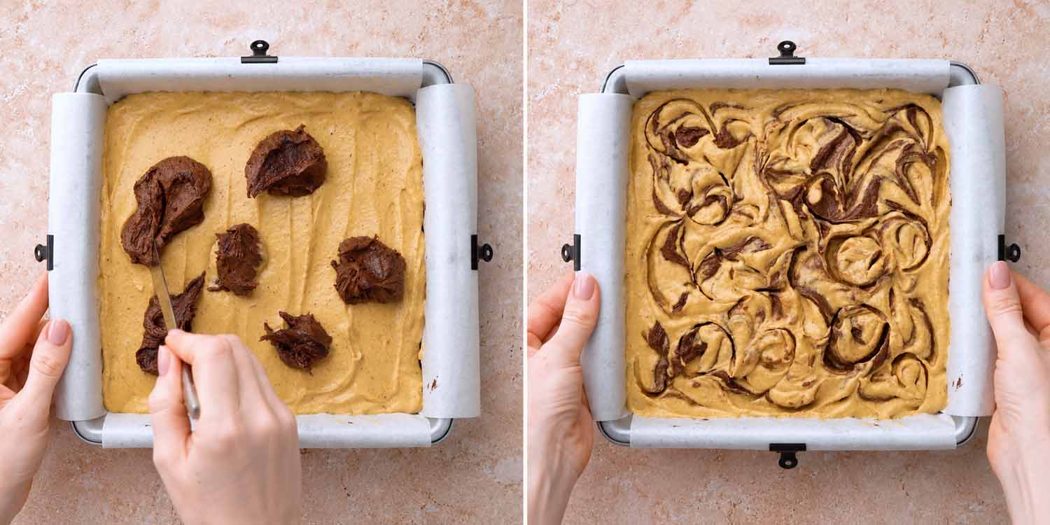 Two photos showing chocolate brownie batter dolloped over pumpkin cheesecake batter, then swirled together in a parchment-lined baking pan.