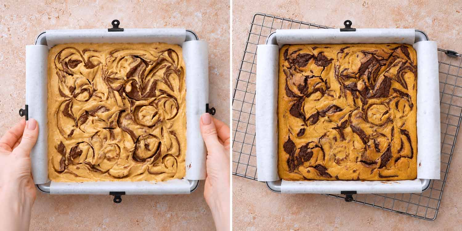 Two photos showing swirled pumpkin cheesecake brownie batter before baking and the baked brownies cooling in their pan.