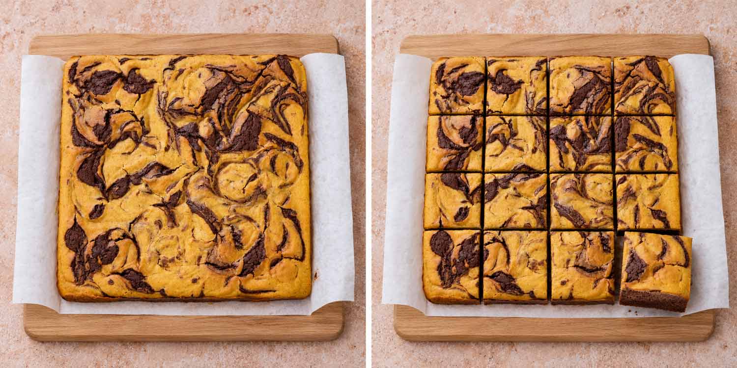 Two photos showing a whole pumpkin cheesecake brownie slab on parchment, then cut into 16 squares on a wooden board.