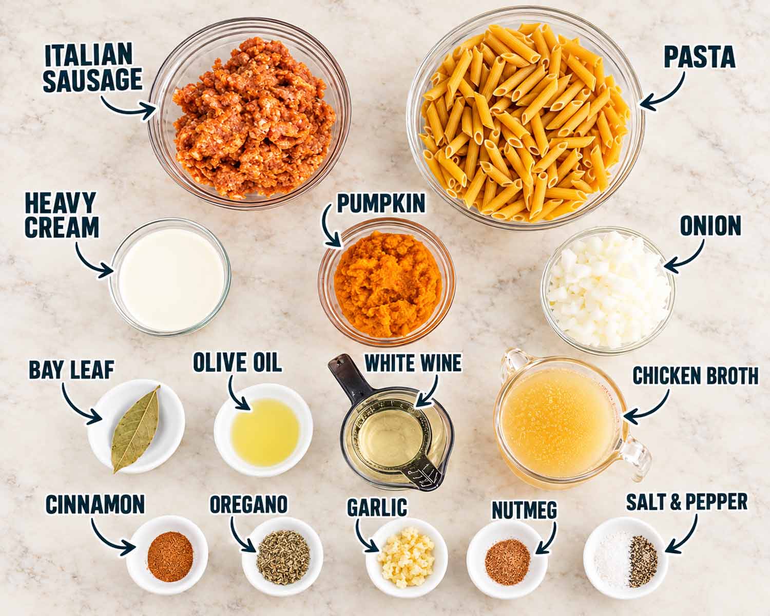 ingredients(1).jpg Labeled ingredients for pumpkin sausage pasta, including Italian sausage, penne, pumpkin puree, cream, onion, garlic, wine, broth, and seasonings.