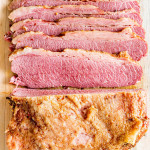 overhead shot of sliced slow cooker corned beef