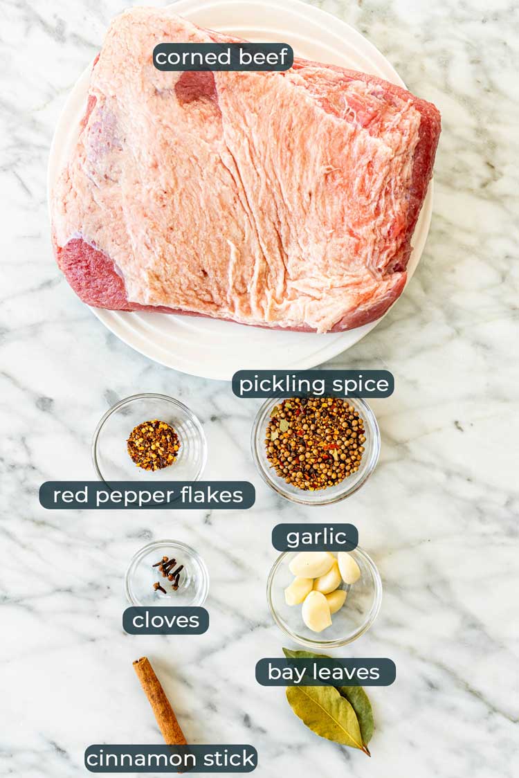 overhead shot of all ingredients needed to make corned beef
