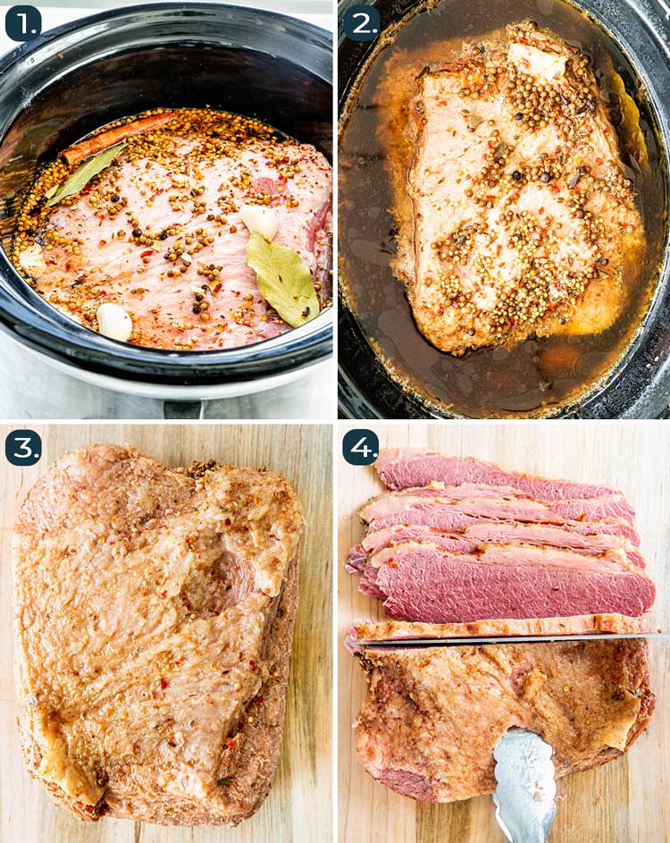 process shots showing how to make corned beef in the slow cooker
