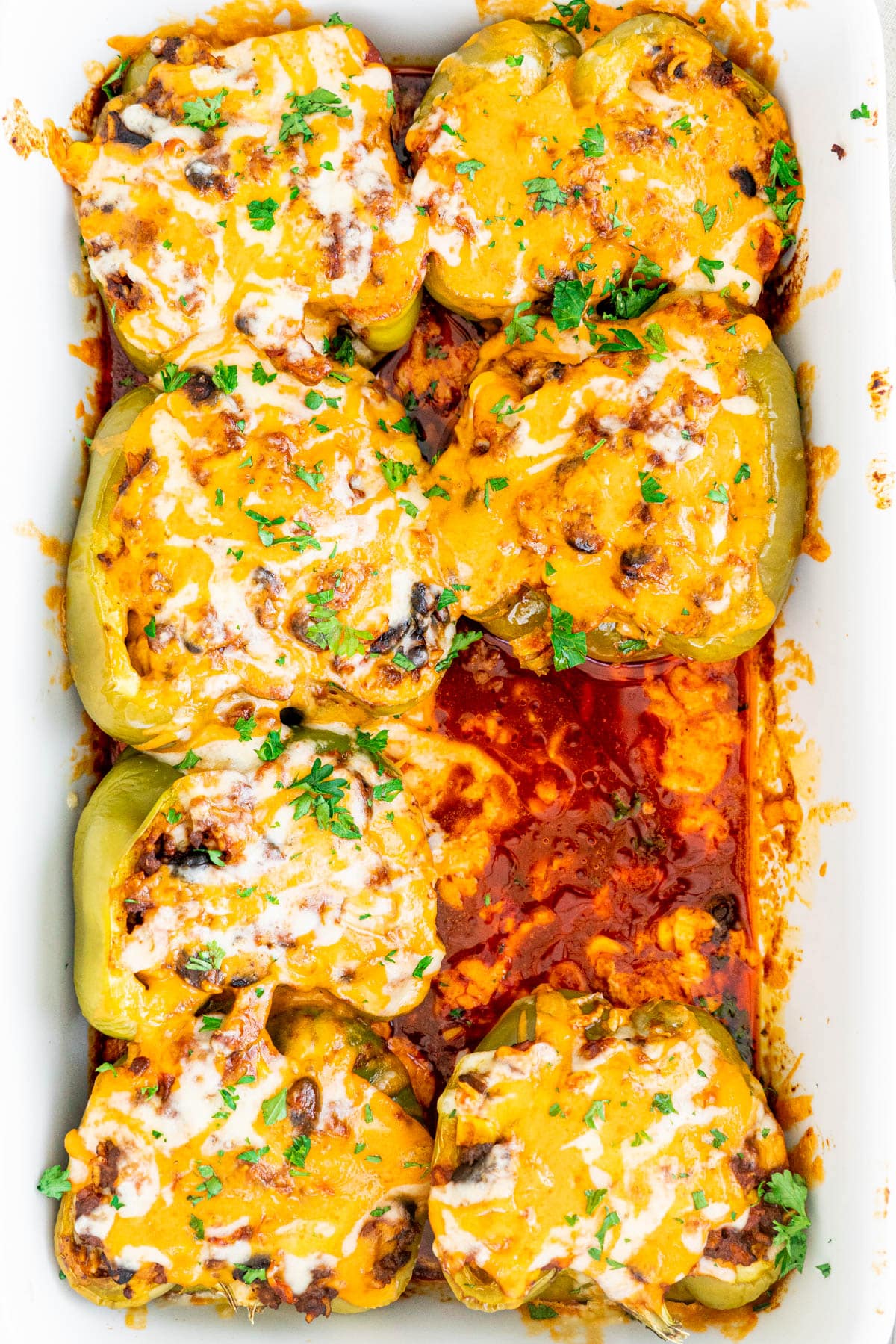 overhead shot of Tex Mex Stuffed Peppers in a casserole dish