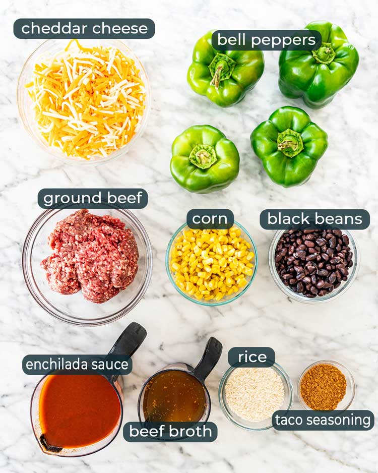 overhead shot of all the ingredients needed to make Tex Mex Stuffed Peppers
