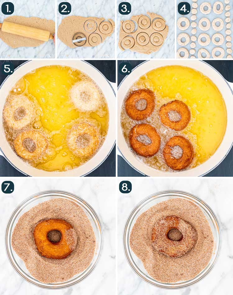 process shots showing how to cut and fry donuts