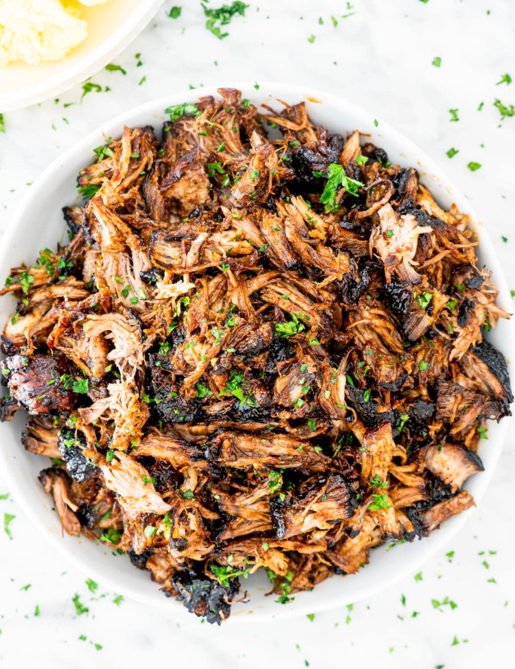 overhead shot of brown sugar balsamic pulled pork in a bowl